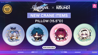 Promotional image for new crane item pillows featuring characters from Honkai: Star Rail. Each pillow has a unique design.