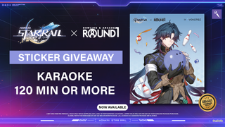 Promotional image for a sticker giveaway featuring karaoke and bowling, highlighting a collaboration between Honkai: Star Rail and Round1.