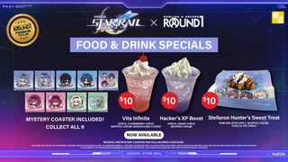 Promotional image for Honkai: Star Rail featuring food and drink specials at Round1, including coasters and menu items priced at $10.