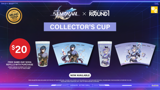 Promotional graphic for a collector's cup featuring characters from Honkai: Star Rail, priced at $20 with free soda refills.
