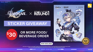 Promotional graphic for a sticker giveaway featuring "Honkai: Star Rail" and "Round1." Requires a $30 food/beverage order.