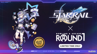 A character from "Honkai: Star Rail" stands in a dynamic pose, surrounded by gaming elements and promotional text for a collaboration with ROUND1.